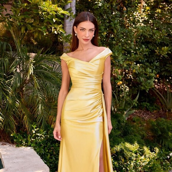New Yellow Off The Shoulder Luxury Sheath Gown w/ Side Drape & Leg Slit CD393 - Picture 8 of 10